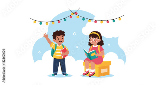 Children Reading Books in a Park with String Lights and Blue Sky Backdrop.