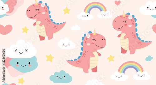 A whimsical pattern featuring adorable pink unicorn dinosaurs, rainbows, clouds, stars, and hearts for a cute and dreamy design.
