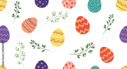 Easter-themed background with painted eggs and foliage scattered on a white backdrop, perfect for spring designs and celebrations like Easter and egg hunts.