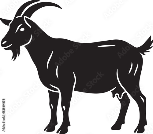 Black silhouette of a standing female goat with horns and udder