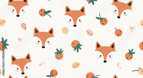 A charming whimsical seamless pattern featuring foxes, berries, and nuts on a neutral background, perfect for various design applications like fabrics or stationery.