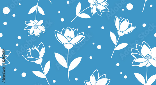 Floral design with white flowers and dots scattered on a blue background, perfect for textiles or wallpaper designs.