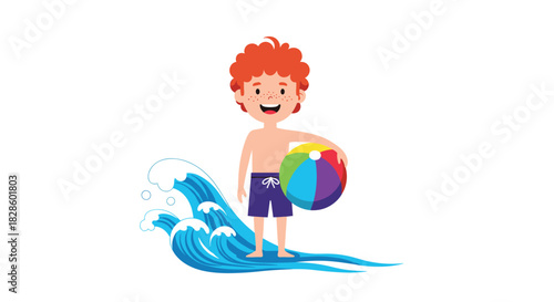 A cartoon illustration of a young boy holding a beach ball and surfing on the waves.