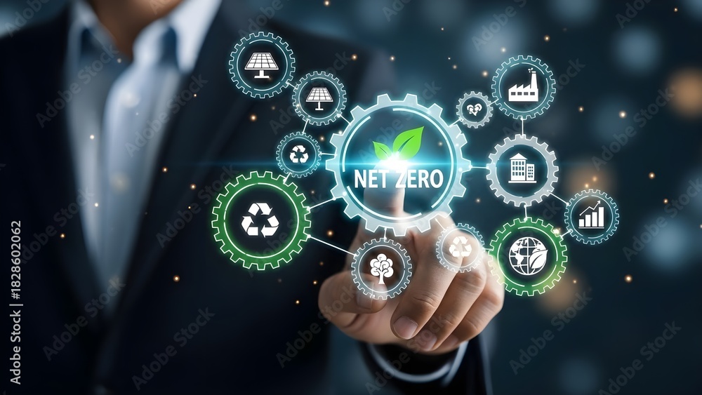 Fototapeta premium Businessmans hand touches a futuristic holographic display with net zero at the center, surrounded by gears representing environmental sustainability, renewable energy, and carbon reduction initiative