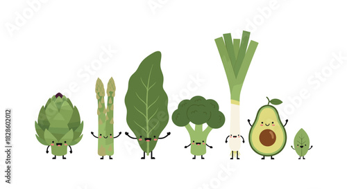A cheerful illustration of various green vegetables and fruits standing together, promoting healthy eating and a balanced diet for well-being.