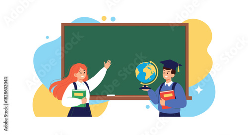 A colorful illustration depicts a classroom scene with students, a chalkboard, and a globe, ideal for educational content and academic concepts.