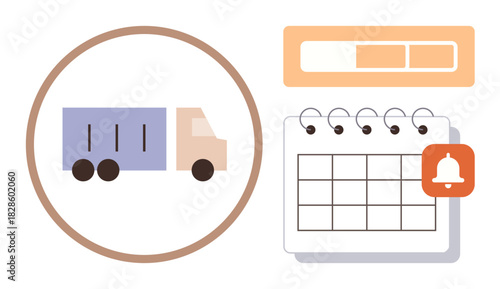 Truck delivering goods, calendar with notification bell, and progress bar for logistics planning. Ideal for supply chain, scheduling, punctuality, planning, organization reminders efficiency. A