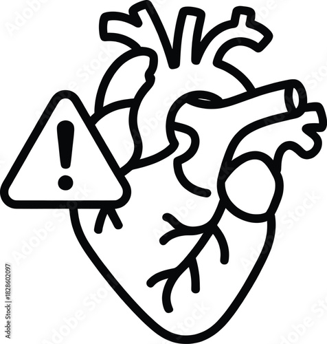 Human Heart Warning Icon – Minimalist Black and White Line Art Heart Anatomy with Alert Symbol, Medical Hazard Illustration, Cardiovascular Risk Concept