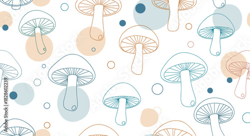 A whimsical seamless pattern featuring outline illustrations of mushrooms, with abstract shapes and polka dots on a white background, suitable for various design projects.