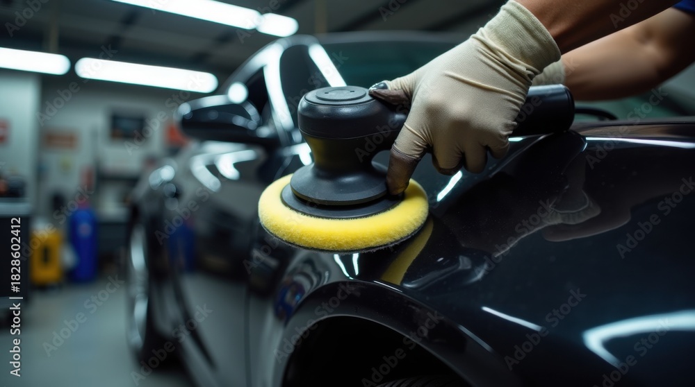Obraz premium Manos puliendo cuidadosamente un panel brillante de un automóvil dentro de un taller de detallado profesional