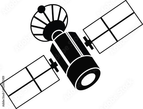 Communication satellite vector icon in black and white, featuring a parabolic antenna and solar panels. symbolizes global data, internet, advanced technology.