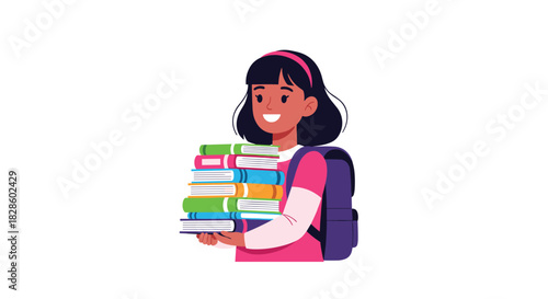 A young student happily carrying a tall stack of books, ready for school or studying, with a backpack on her back.