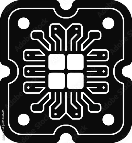 Stylized microchip icon for advanced computing, data processing, and artificial intelligence, symbolizing technological innovation, digital future, and connectivity.