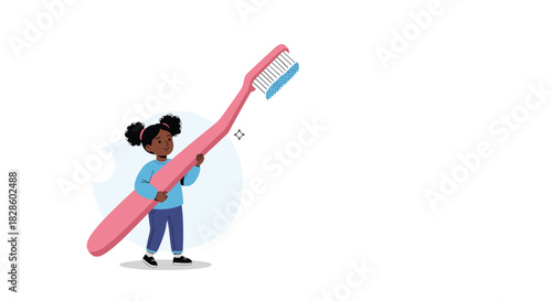 A young girl holds a giant toothbrush, promoting oral hygiene and dental care for children and kids.