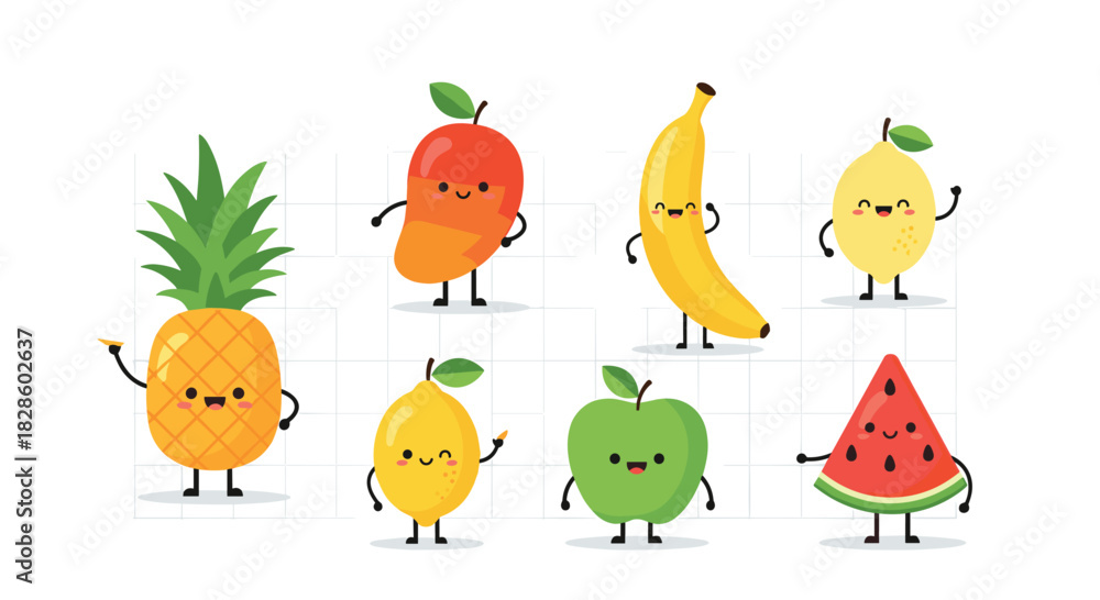 Fototapeta premium A cheerful illustration of various cartoon fruits, smiling and waving, perfect for healthy eating concepts and children's content.