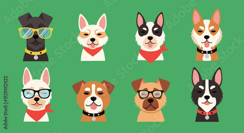 A cheerful illustration of eight different cartoon dogs, each with a unique accessory and expression, against a green background..