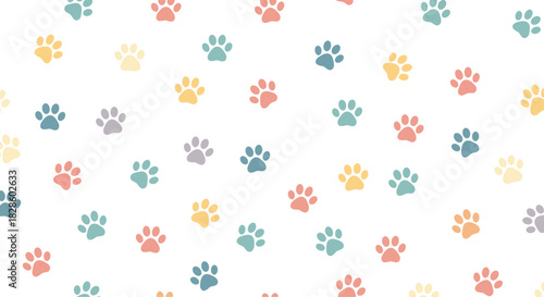 Colorful paw print pattern on a white background, perfect for pet-themed designs and backgrounds.