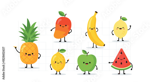 A cheerful illustration of various cartoon fruits, smiling and waving, perfect for healthy eating concepts and children's content.