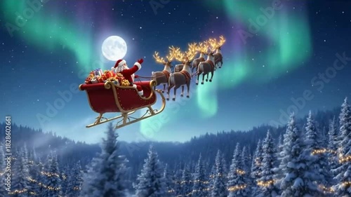 A sleigh with reindeer flies over a snowy forest under northern lights and a full moon. Represents winter, magic, gifts, celebration, Christmas spirit