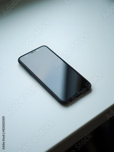 Modern smartphone with blank screen laying on a white table, ready for connection