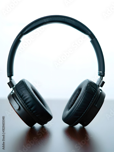 Black wireless headphones on a wooden table isolated on white background