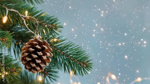 Wallpaper Mural Christmas Tree Branch with Pine Cone and String Lights under Falling Snow Torontodigital.ca