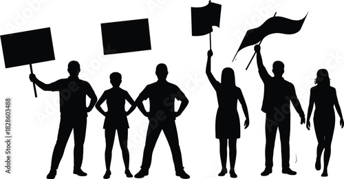 Silhouette group of diverse people standing together holding signs and flags, demonstrating unity, protest, activism, empowerment, social movement communication, and public expression.