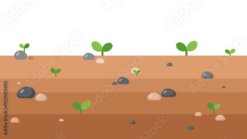Sprouts growing in soil with stones vector illustration