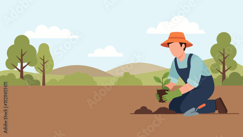 Illustration of a farmer planting a seedling in a field, copyspace