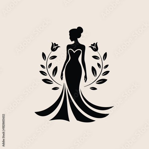 Fashionable woman logo in long gown with floral wreath design
