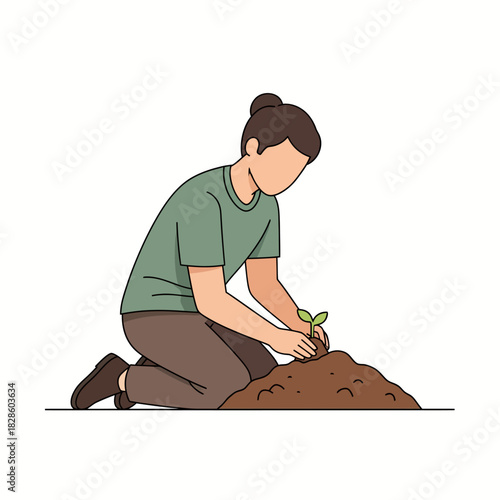 Young person planting a small seedling in a pile of soil. Vector illustration