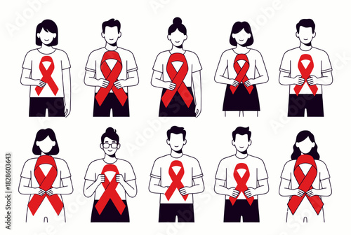 Group of people supporting aids awareness with red ribbon. Vector