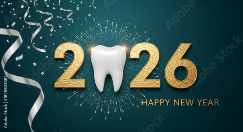 Dental 2026 New Year design on dark teal backdrop. Golden numbers and white tooth with firework-like light. Celebratory and dental health concept