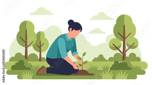 Woman planting a tree seedling in garden for environmental concept, flat vector illustration