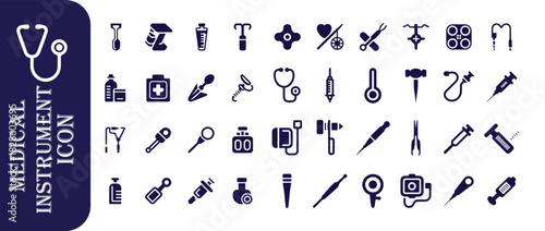 Medical instrument icon pack, set of 49 filled medical instrument icons on dark blue background