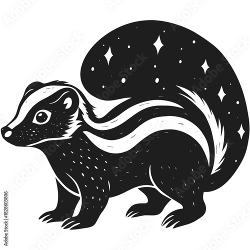 Stylized dark gray skunk with a bushy tail adorned with stars and dots on a black background