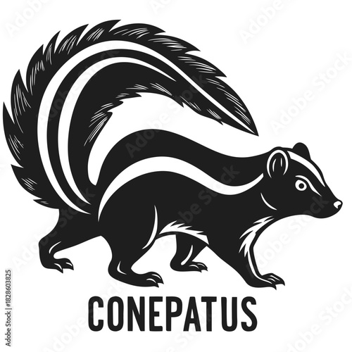 Stylized black silhouette of a skunk with a bushy tail and the word conepatus below