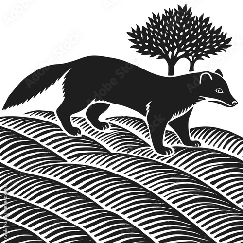 Stylized silhouette of a stoat or weasel walking across rolling hills with a tree in the background