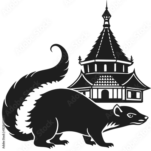 Stylized silhouette of a skunk standing in front of a traditional asian pagoda building