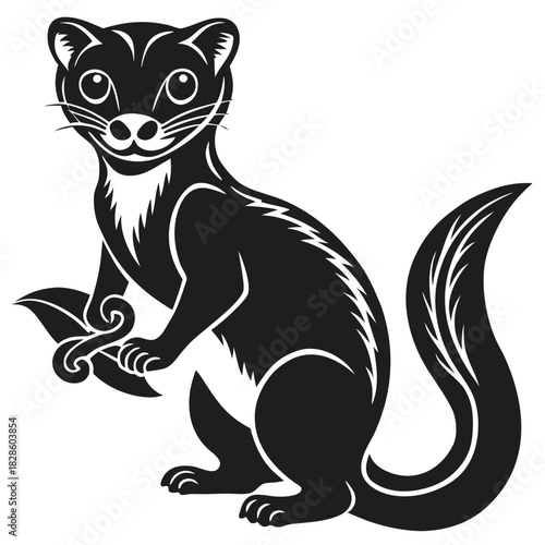 Stylized black silhouette of a weasel or ferret holding a decorative scroll and leaf