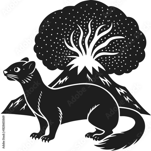 Stylized black silhouette of a stoat standing in front of a volcanic eruption with mountains in the background