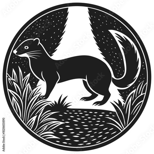Stylized silhouette of a stoat standing in tall grass and foliage within a circular frame