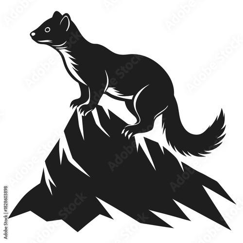 Silhouette of a stoat standing alert on a jagged mountain peak against a black background