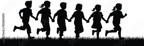 Silhouette of happy children running together holding hands in nature, symbolizing friendship, teamwork, childhood fun, outdoor play, unity, community, and innocence.