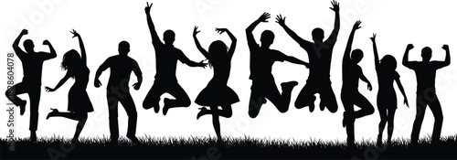 Silhouette of happy group of people jumping together in celebration, expressing freedom, unity, joy, friendship, success, fun movement, outdoor energy.