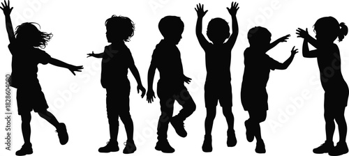 Silhouette of playful children standing and dancing together, expressing joy, friendship, fun movement, childhood energy, outdoor activity, happy kids celebration scene.
