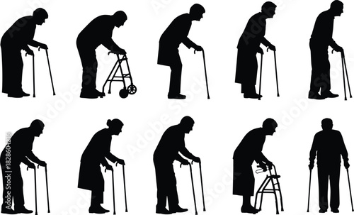 Silhouettes of elderly people using canes and walkers, representing aging mobility challenges, senior support, disability assistance, rehabilitation, healthcare needs, and independence issues.
