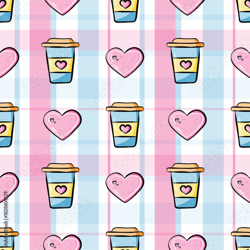 Kawaii hot coffee and pink heart cookies on a pink and blue plaid background. Valentine and food  seamless pattern.