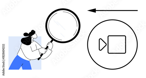 Video analysis concept. A person examines a magnifying glass near a video playback icon, video analysis. Video analysis aids in content review, archiving, and decision-making. Useful for media