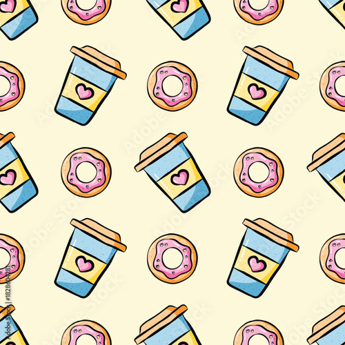 Kawaii a cup of hot coffee with a sweet donut on a light yellow background. Valentine and food seamless pattern.